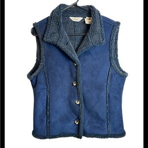 L L Bean Vintage Navy Blue Faux Suede Sherpa Lined Vest Size Medium Petite